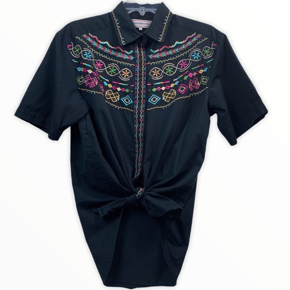Rodeo Wear Vintage Embroidered Bright Colors Black Blouse Westbound Rodeo